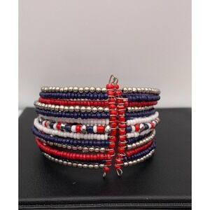 Vintage Handmade Memory Wire Seed Bead Red, White, Blue, Silver Bracelet